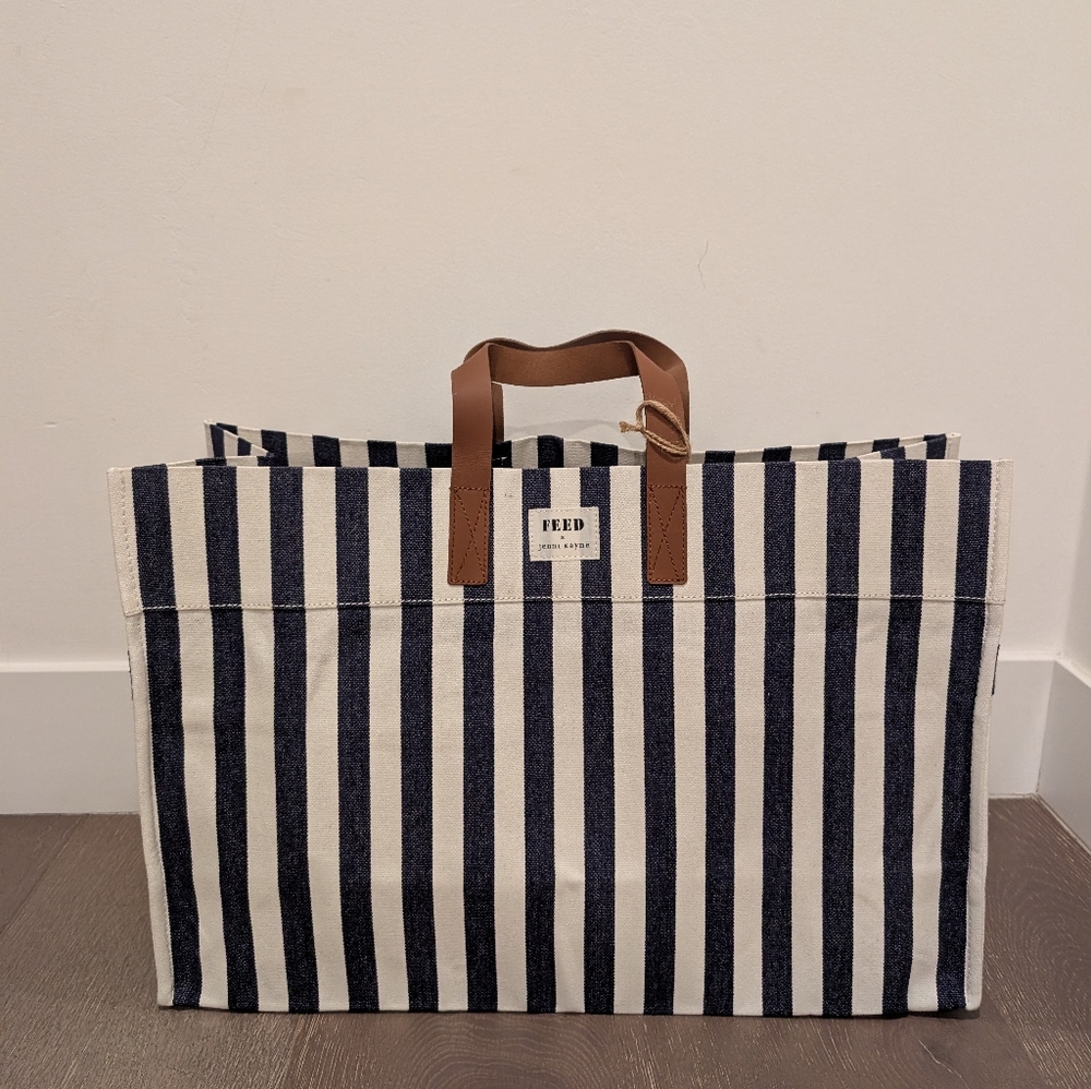 Feed X Jenni Kayne - Navy and White Striped Canvas Tote with Brown Handles